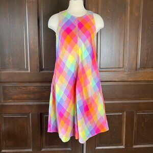 Lands' End Linen Swing Dress Rainbow Plaid Sleeveless Pockets Women's Size S 6-8